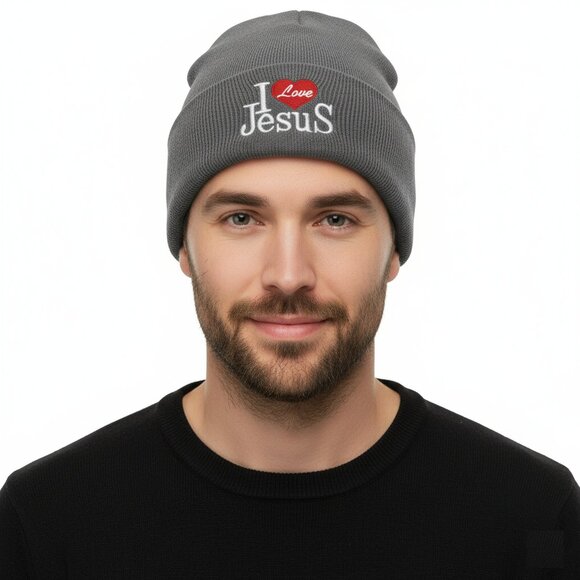 "I Love Jesus" Winter Fleece-Lined Hat, Grey - Picture 1 of 3